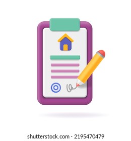House real estate contract 3d icon. Rental agreement, property insurance, real estate buying. vector minimal icon.