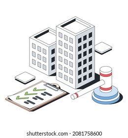 House real estate, hammer deal, checkmark document list, clipboard. Vector 3d sketch line isometric style, color icon illustration. Creative design idea and infographics elements.