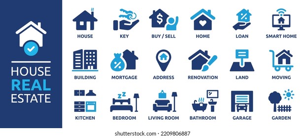 House or Real estate icon set. Containing house, key, buy, sell, loan, smart home, building, mortgage, address, renovation, land, kitchen, bedroom, living room, bathroom. Solid icon vector collection.