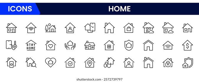 House or Real estate icon set. It contains the house, key, buy, sell, loan, smart home, building, mortgage, address, renovation, land, kitchen, bedroom, living room, and bathroom. vector collection
