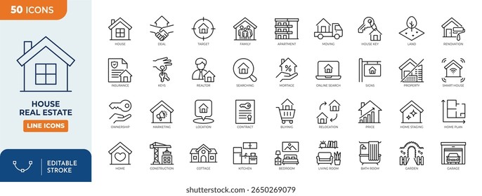 House or Real estate line editable icons set. Containing house, real estate, property, buying, key, building, renting, home, and more. Editable stroke. Vector illustration.