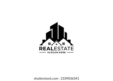 house real estate logo design combination with skyscraper