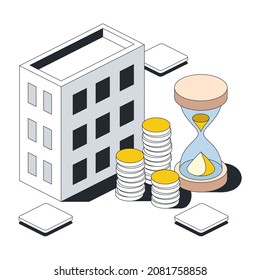 House real estate, money coins, hourglass. Vector 3d sketch line isometric style, color icon illustration. Creative design idea and infographics elements.