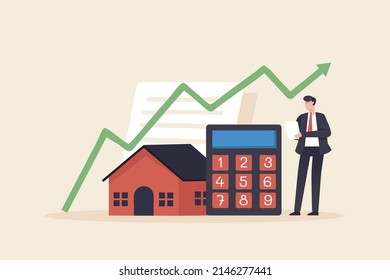 House and real estate money investment. Mortgage Property money investment Buying Home. Man calculates home mortgage rate.