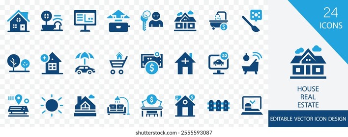 House or Real estate solid icon set. containing home, loan, smart home, renovation, land, moving, kitchen, bedroom and more vector design