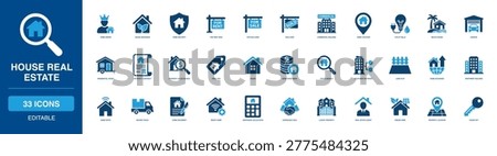 House Real Estate Solid Icon Set detailing home award insurance security rent sign sold commercial building location utility bills beach garage residential property contract value search price key land truck