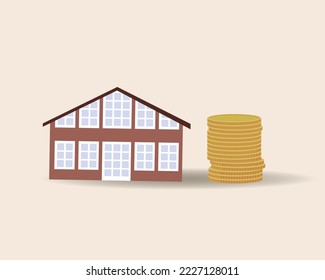 Casa o propiedad inmobiliaria y pila de dinero como concepto financiero, ilustración de material vectorial plano aislado para diseño