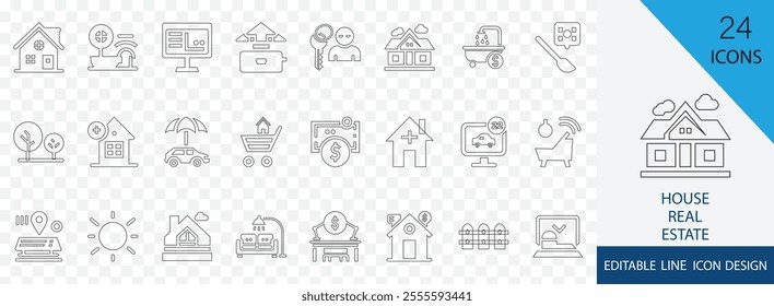 House or Real estate thin line icon set. containing home, loan, smart home, renovation, land, moving, kitchen, bedroom and more  stroke icons