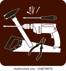 House reconstruction. Builder's tool kit - hammer, screwdriver, screws, saw, pliers, drill
flat design  eps 10
