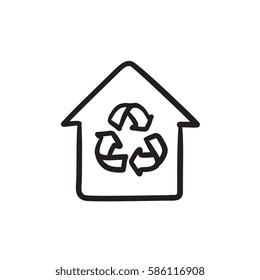 House with recycling symbol vector sketch icon isolated on background. Hand drawn House with recycling symbol icon. House with recycling symbol sketch icon for infographic, website or app.