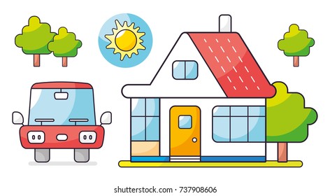 House, red car, green trees and sun.