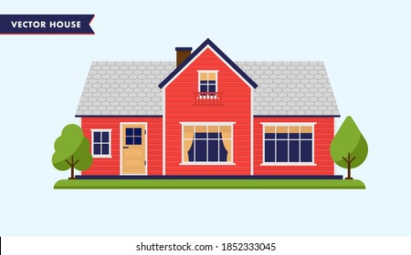 House in red colour. Medium big home for middle class family with windows, entrance and tress in the garden. Vector illustration.