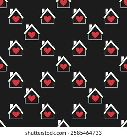 House with Red Heart vector seamless pattern or concept background for love and emotions