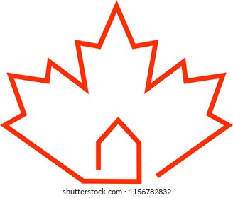 House Red maple leaf Canadian symbol. Canada buying flat logo. Concept of buy apartment property in canada, real estate and Provincial immigration and Visa migration family programs