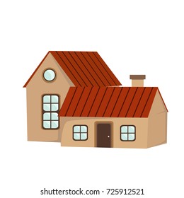 House with a red roof, a door and a pipe. Cottage. Perspective. Vector object, isolated on white background 