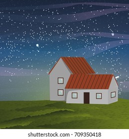 A house with a red roof on a green meadow.  Starry blue sky, stars and meteorites, clouds over meadows with soft green grass. Vector landscape can be used in newsletter, brochures, postcards, banner