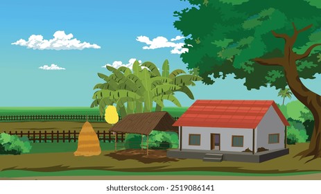 Uma casa com um telhado vermelho fica em frente a um campo de bananeiras. A casa é cercada por uma cerca e há uma pilha de feno nas proximidades. A cena é pacífica e serena, com a casa