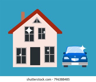 House with red roof, windows and shining, doors and entrance, and blue car, poster with material things, vector illustration isolated on blue