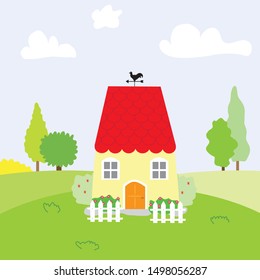A house with red tile has windows and doors with a fence in front of the house surrounded by flower plants and a garden behind the house some trees and blue sky and clouds