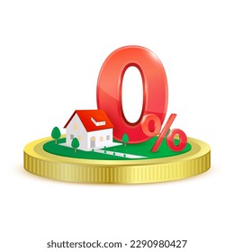 House and red zero percent on gold coin. Real estate. Refinance and mortgage. 0% discount interest rate. Promotion campaign in financial, banking. Property investment concept. Icon 3D isolated Vector.