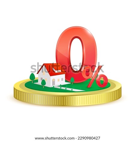 House and red zero percent on gold coin. Real estate. Refinance and mortgage. 0% discount interest rate. Promotion campaign in financial, banking. Property investment concept. Icon 3D isolated Vector.