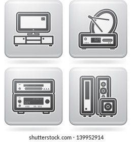 House related items (objects, tools), from left to right, top to bottom:   Television LCD set, Satellite dish and receiver, Amplifier and DVD player, Home cinema speakers.