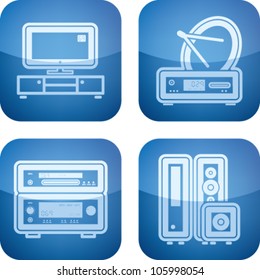 House related objects from left to right: Television LCD set, Satellite dish and receiver, Amplifier and DVD player, Home cinema speakers.