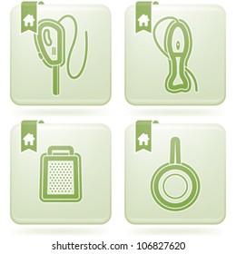 House related Objects from left to right: Electric knife, Blender, Grate, Frying pan.