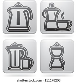 House related Objects from left to right:  Electric Kettle, Coffee maker, Tea kettle, Coffee maker.