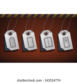 House related objects from left to right:  Glass doors, Doors, Double Doors, Emergency Doors.