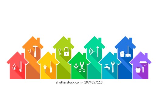 House and related work tool icon set as building, maintenance, renovation, repair or facility management concept