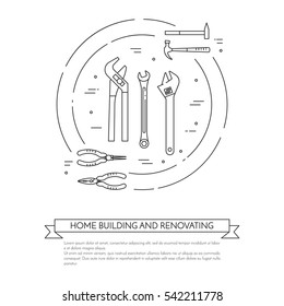 House remodel banner with elements of building repair or renovation isolated on white background. Outline vector illustration of pictograms of different building tools and materials.