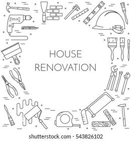 Banner de remodelación de casa con elementos de reparación o renovación de edificios aislados en fondo blanco. Esbozar ilustración vectorial de pictogramas de diferentes herramientas y materiales de construcción.