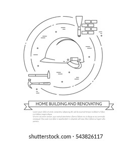 House remodel banner with elements of building repair or renovation isolated on white background. Outline vector illustration of pictograms of different building tools and materials.