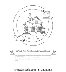 House remodel banner with elements of building repair or renovation isolated on white background. Outline vector illustration of pictograms of different building tools and materials.