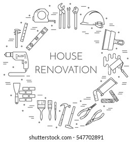 House Remodel Banner With Elements Of Building Repair Or Renovation Isolated On White Background. Outline Vector Illustration Of Pictograms Of Different Building Tools And Materials.