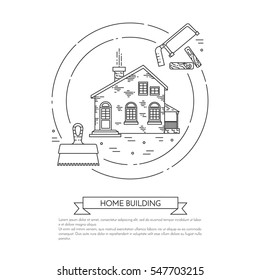 House remodel banner with elements of building repair or renovation isolated on white background. Outline vector illustration of pictograms of different building tools and materials.