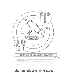 House remodel banner with elements of building repair or renovation isolated on white background. Outline vector illustration of pictograms of different building tools and materials.