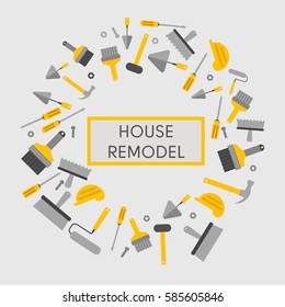 House remodel banner. Hand tools for home renovation and construction. Flat style, vector illustration.