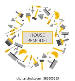House remodel banner. Hand tools for home renovation and construction. Flat style, vector illustration.