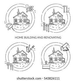 House remodel banners set with elements of building repair or renovation isolated on white background. Outline vector illustration of pictograms of different building tools and materials.