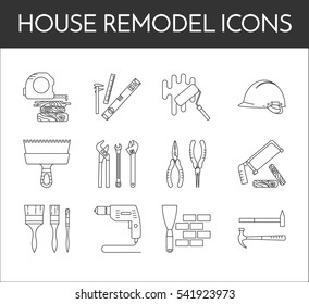 House remodel icons set with elements of building repair or renovation isolated on white background. Outline vector illustration of pictograms of different building tools and materials.