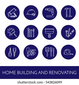 House remodel icons set with elements of building repair or renovation. Isolated outline vector illustration of pictograms of different building tools and materials.