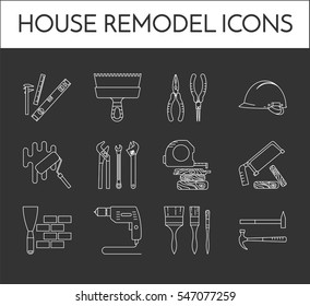 House remodel icons set with elements of building repair or renovation. Isolated outline vector illustration of pictograms of different building tools and materials. 