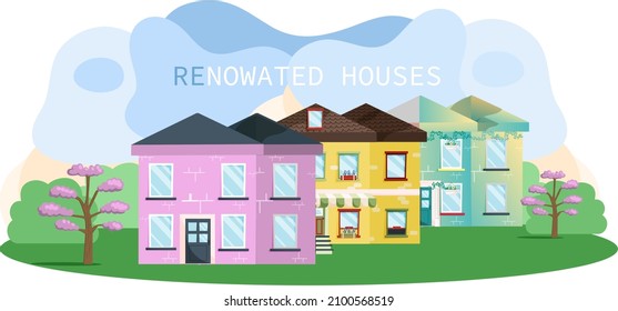 House remodel. Reconstruction of old house with modern materials. Concept of construction and finishing. Beautiful new buildings after renovation. Residential structures with multi-colored facades