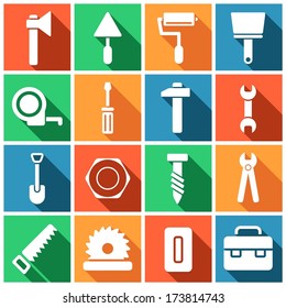 House remodel: set of flat colored simple web icons (tools, construction, building, production, manufacture), vector illustration