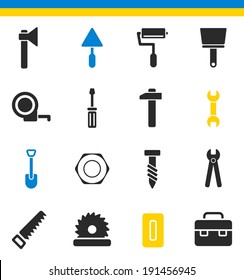 House remodel: set of flat colored simple web icons (tools, construction, building, production, manufacture), vector illustration