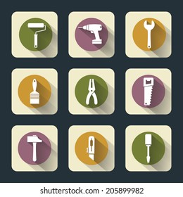 House remodel: set of vector design flat working tools icons, white on colored basis with long shadow