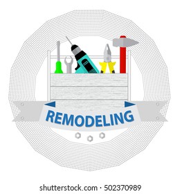 House remodel tools. Logo home repair service. House repair company logo. Flat style tools for building, remodel and repair.