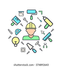 House remodel vector banner. Circle white background. Flat icons of house remodel tools. House remodel elements and equipment. Building, construction graphic design.